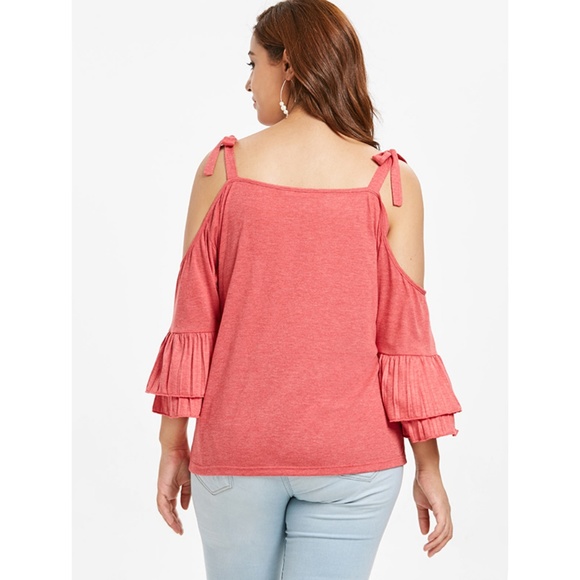 Plus Size Cold Shoulder Flounce Tee - Bean Red - Picture 4 of 8